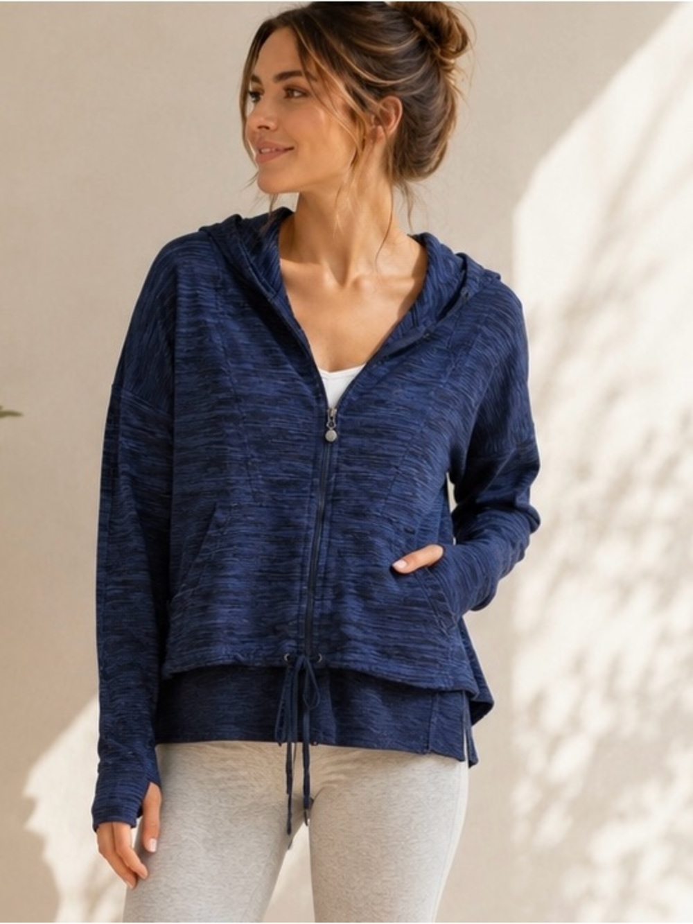 Athleta Tiger Terry Hoodie Deep Indigo Blue Zip Jacket Thumbhole Athleisure Sz L